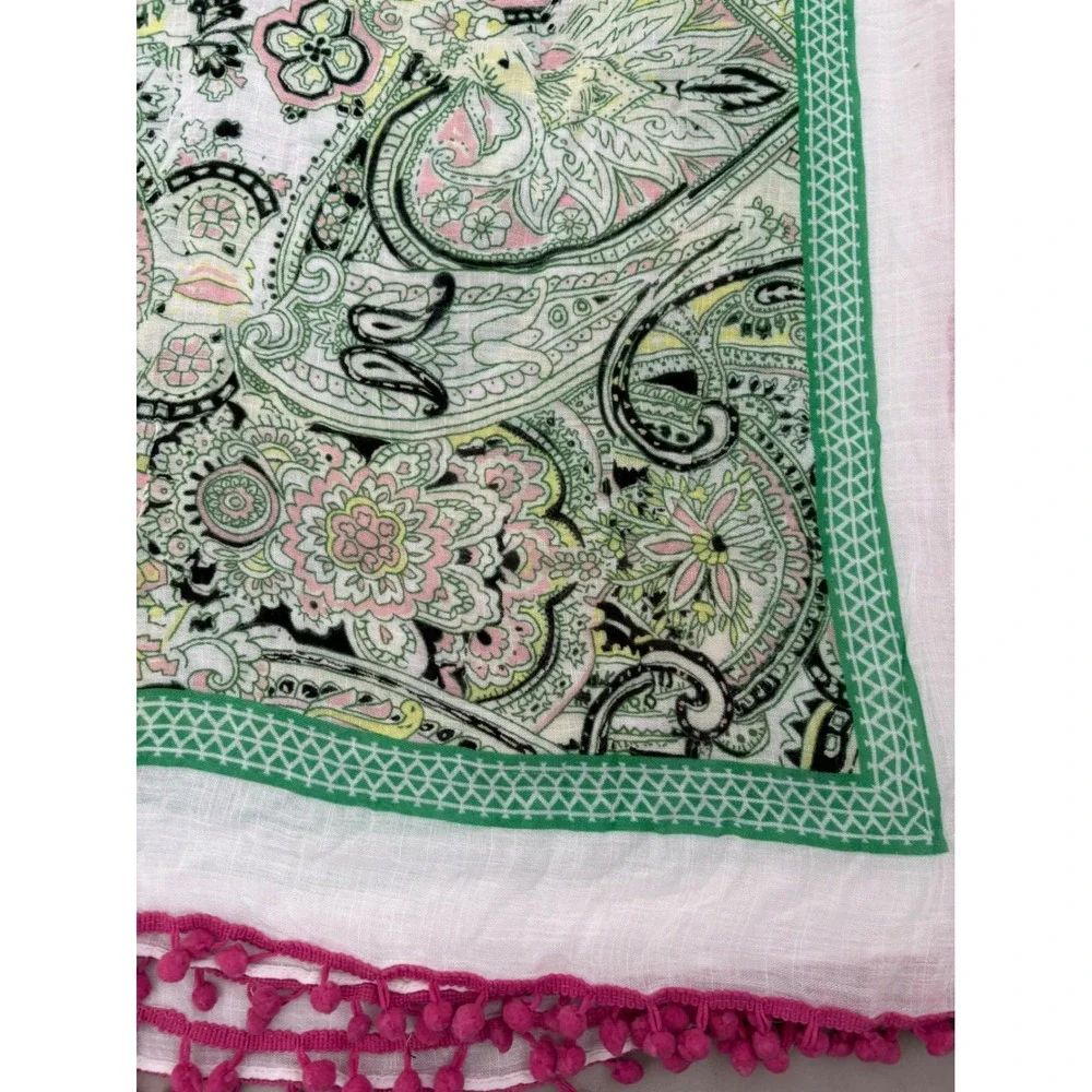 Shiraleah Chicago Paisley Palm Print Pink Green Pom Pom Trim Viscose Swim Cover